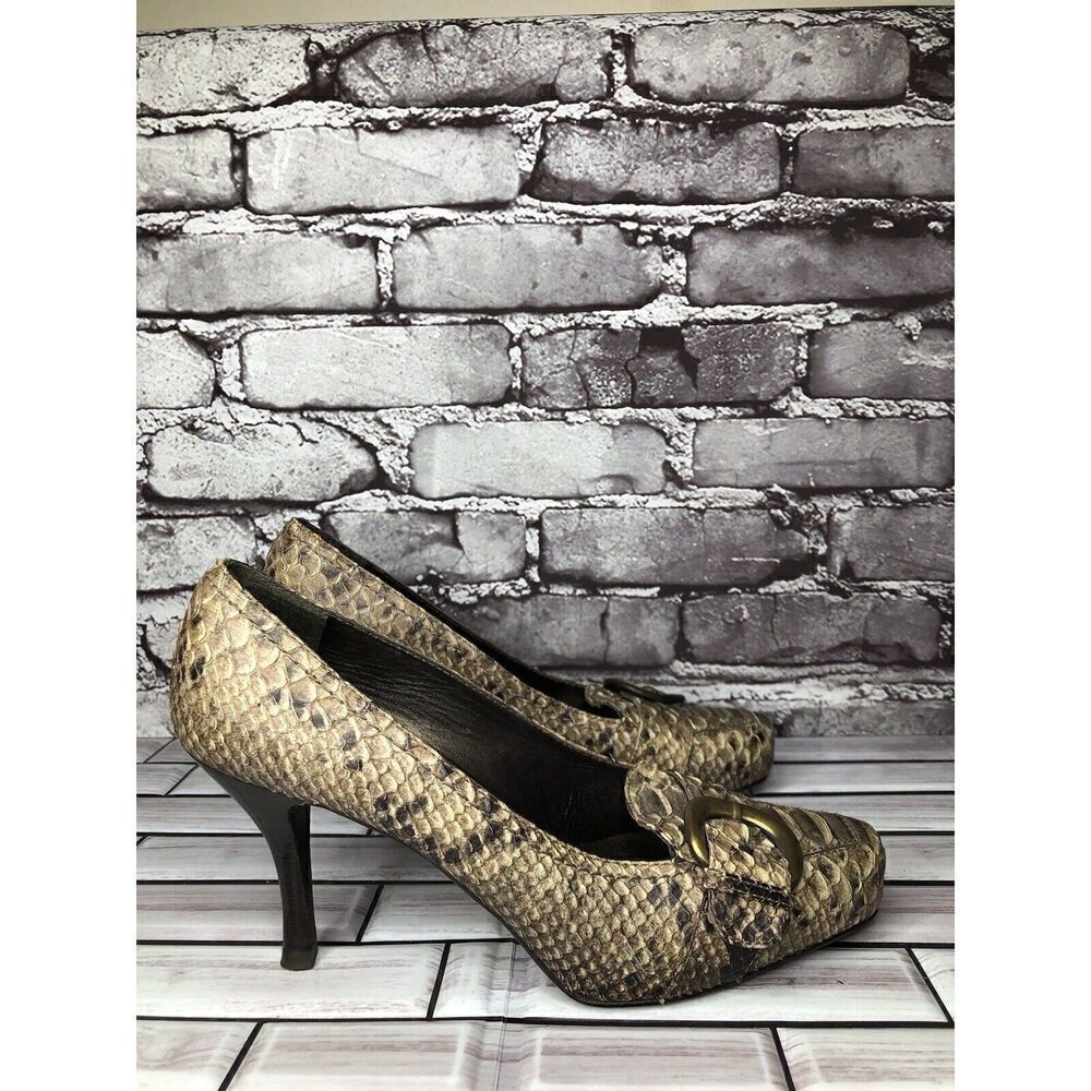 Stuart Weitzman Brown Taupe Leather Python Square… - image 5